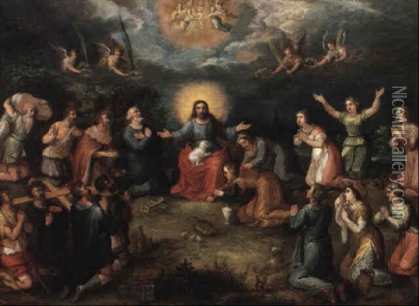 Christ Surrounded By Saints And Angels In A Landscape Oil Painting - Hendrik van Balen the Elder