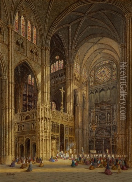 Cathedral Interior, Toledo Oil Painting - Henry Schafer