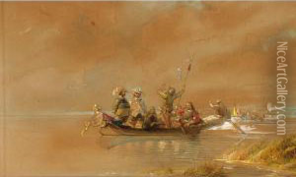 Soldiers On A Boat, One Blowing A Horn Oil Painting - Caspar Johann Nepomuk Scheuren