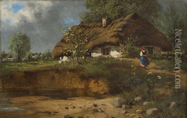 Landscape With Girl And A Hut Oil Painting - Severin Bieszczad