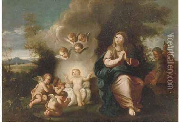 The Holy Family with the Infant Christ being adored by putti Oil Painting - Marcantonio Franceschini
