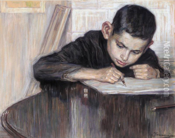 Practicing His Letters Oil Painting - Solomon Yacovlevich Kishinevsky