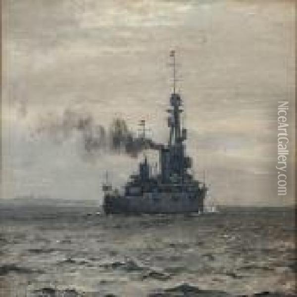 Seascape With A Danish Warship Oil Painting - Christian Benjamin Olsen