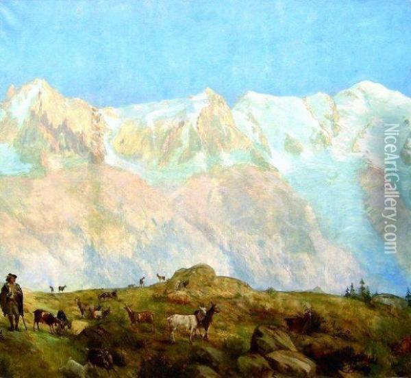 Le Mont Blanc, Les Aiguilles Du Midi Du Plan Oil Painting - Eugene Bourgeois