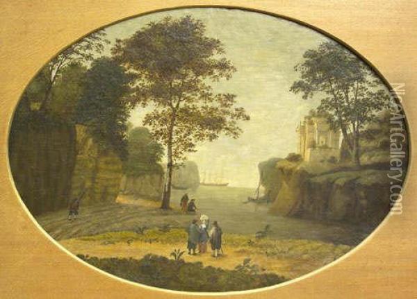 Figures By A Harbour In A Classical Landscape Oil On Tin, Oval, 56cm By 78.5cm Oil Painting - Julius Caesar Ibbetson