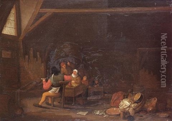 An Interior With Peasant Figures Seated Around A Table Oil Painting - Bartholomeus Molenaer