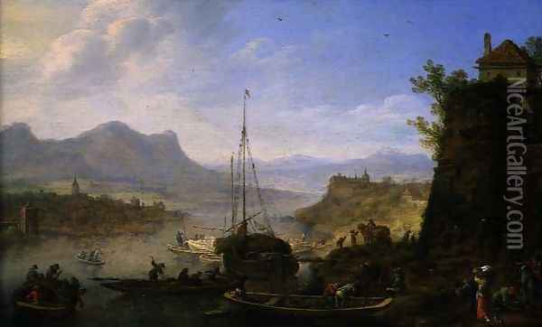 Rhenish Landscape with a Haybarge Moored by a Landing Stage, 1665 Oil Painting - Herman Saftleven