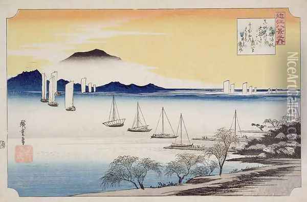 Returning Sails at Yabase from the series 8 views of Omi Oil Painting - Utagawa or Ando Hiroshige