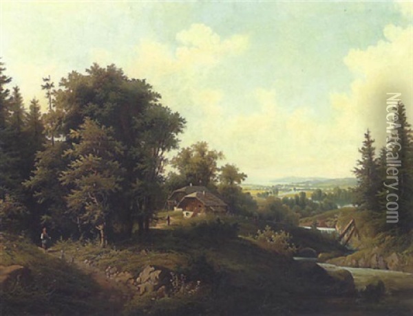 Bauernhaus Mit Blick In Weite Flusslandschaft Oil Painting - Max Burgmeier