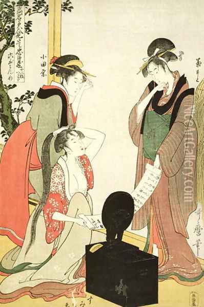 Scene 6, Comparison of celebrated beauties and the loyal league, c.1797 Oil Painting - Kitagawa Utamaro