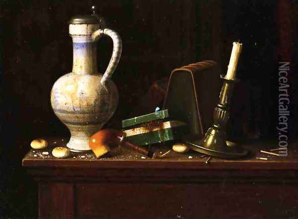 Still Life with Blue and White Pitcher, Tobacco Case and Pipe Oil Painting - William Michael Harnett