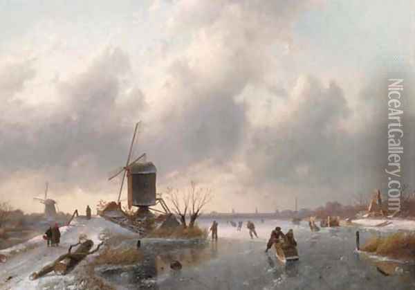 An extensive winter landscape at dusk with skaters on the ice and a koek and zopie in the distance Oil Painting - Charles Henri Leickert