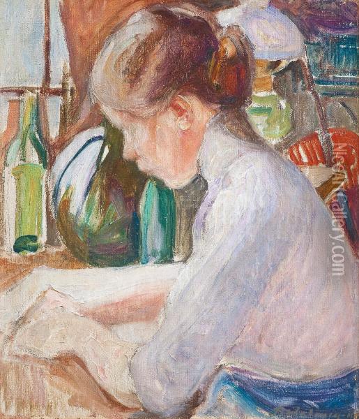 Girl Writing Oil Painting - Pekka Halonen
