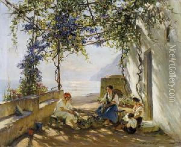Frauen In Einer Glyzinien-pergola Auf Capri Oil Painting - Konstantin A. Weschtschiloff