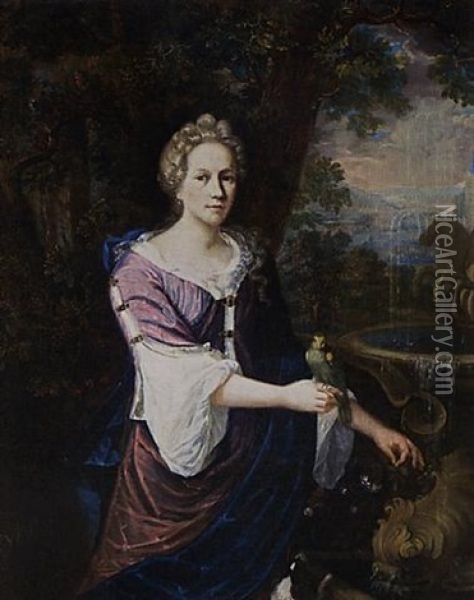 A Portrait Of A Lady Near A Fountain, Wearing A Purple Dress With White Undergarment And A Blue Shawl, Holding A Parrot On Her Right Hand, A Dog In The Foreground Oil Painting - Barend Van Kalraet