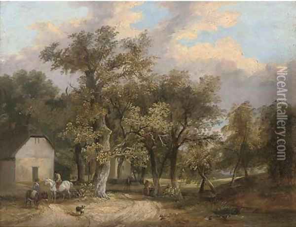 Figures and animals before cottages in a wooded landscape Oil Painting - James Stark
