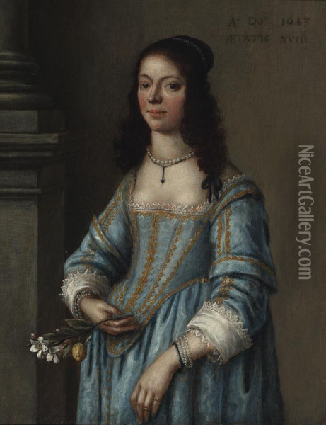 Young Lady In Blue Dress Oil Painting - Gonzales Cocques