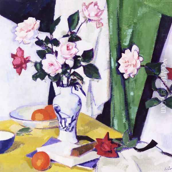 Still LIfe with Pink and Red Roses in a Chinese Vase Oil Painting - Samuel John Peploe