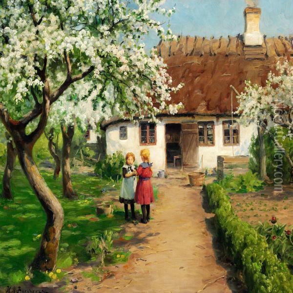Two Little Girls In The Garden With A Kitten Under A Fruit Tree In Bloom Oil Painting - Hans Anderson Brendekilde