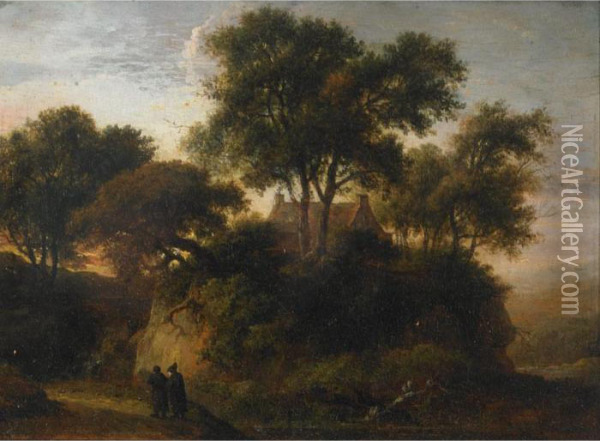 Monks Nearing A Waterfall In The Woods, Passing A Norwich Homesteadon A Cliff Oil Painting - James Stark