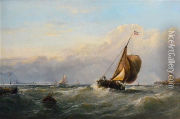 A Dutch Sailing Barge Entering Harbour Oil Painting - Edwin Hayes