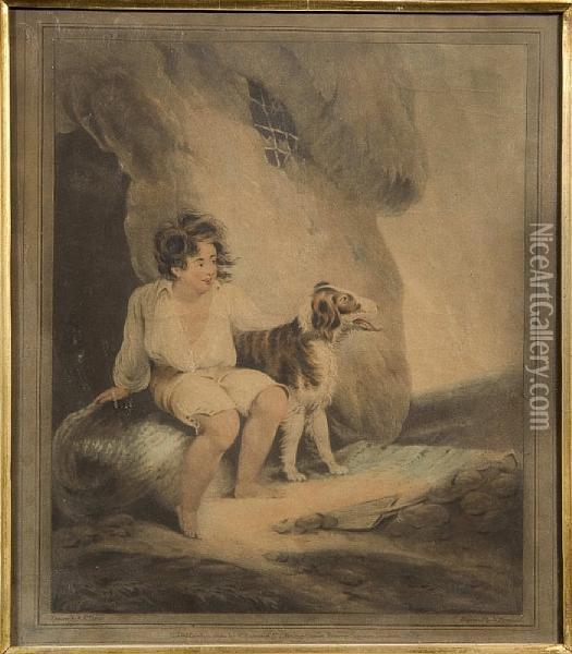 Young Boy And Sheep Dog Beside A Humblecottage Oil Painting - Robert Ker Porter