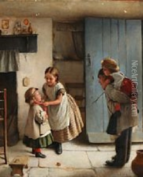 Four Children Are Getting Ready For An Excursion Oil Painting - Joseph Clark