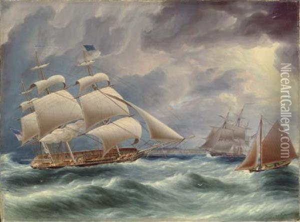 A Three-masted U.s. Merchantman 
Shortening Sail Off The Americancoast As The Pilot Cutter Approaches Her
 Starboard Beam Oil Painting - James E. Buttersworth