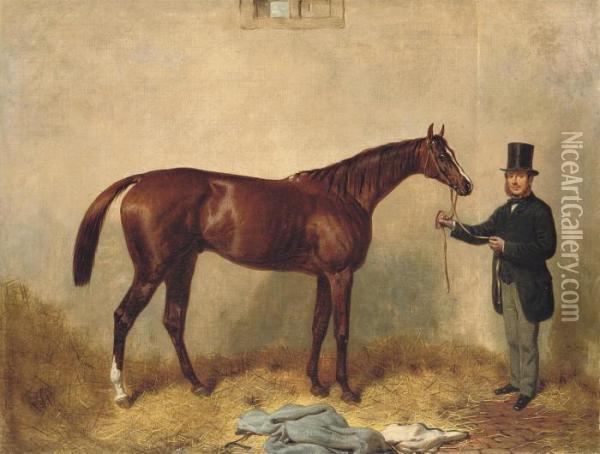 Loiterer, Held By A Trainer In A Stable Oil Painting - Harry Hall