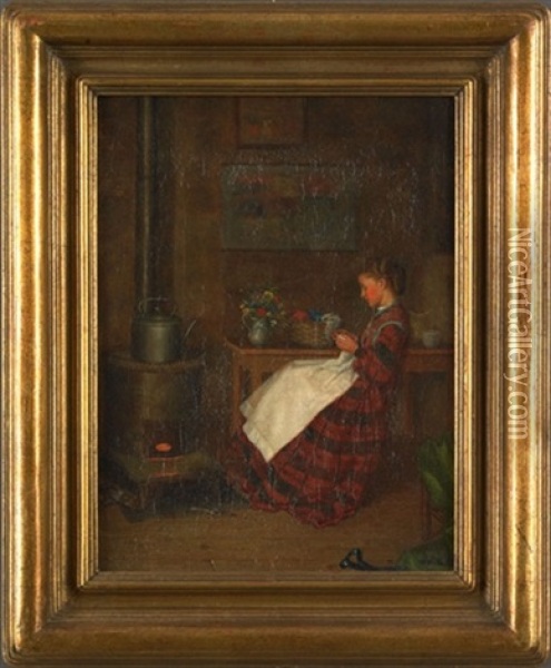 Interior Scene With A Young Girl Sewing Oil Painting - William Henry Snyder