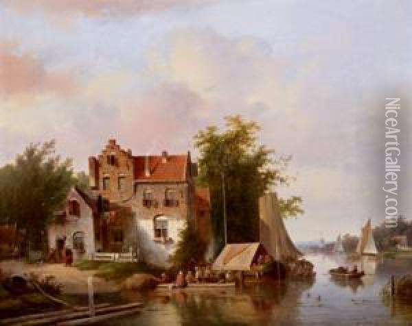 Grande Paesaggio Fluviale Con Pescatori Oil Painting - Jacobus Van Der Stok