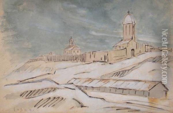 Winter Landscape With Monastry Oil Painting - Ioan Ispas