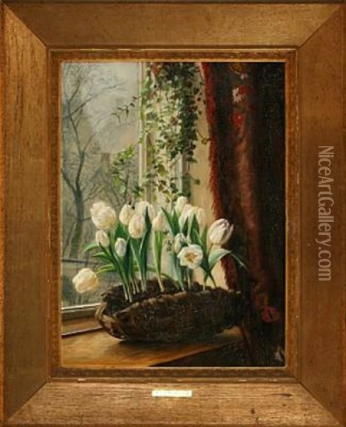 Frame With White Tulips Oil Painting - Alfrida Baadsgaard