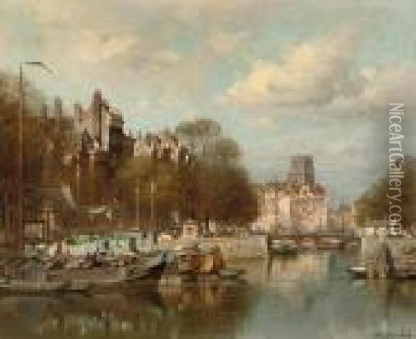 De Leuvenhaven With The Laurenskerk Beyond, Rotterdam Oil Painting - Johannes Christiaan Karel Klinkenberg