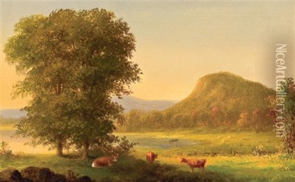 Summer Landscape With Cows, East Rock, New Haven (+ Summer Landscape With Cows At River; Pair) Oil Painting - George Henry Durrie