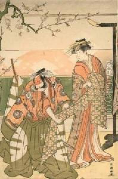 Les Deux Acteurs Sawamuro Sojuro Et Segawa Kikujiro Jouant Dans Un Drame. Oil Painting - Katsukawa Shunsho