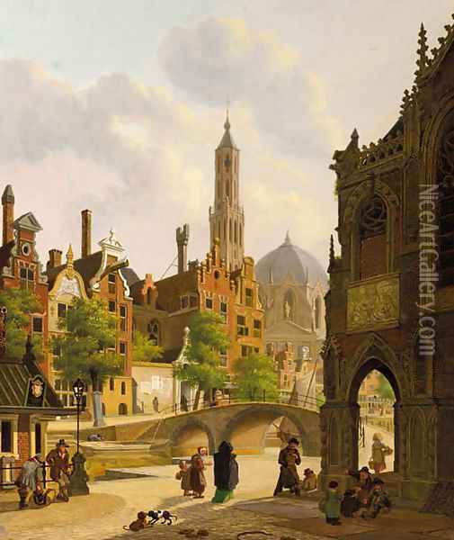 Figures by a church in a town, a canal beyond Oil Painting - Jan Hendrik Verheyen