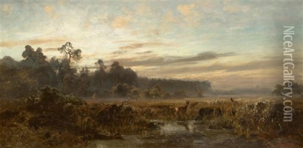 Dachau Bogland With Two Deer In The Early Morning Oil Painting - Eduard Schleich the Younger