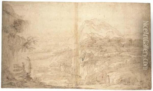 An Extensive Rocky Landscape With A Hermit Oil Painting - Guercino