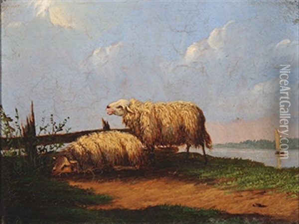 Sheep By The Water (+ Ewe With Two Lambs; 2 Works) Oil Painting - Pieter Plas