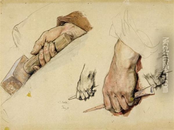 Several Hand Studies On One Sheet Oil Painting - Carl Gehrts