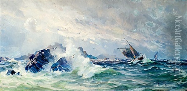 Skepp Vid Branningar Oil Painting - Herman Gustav af Sillen