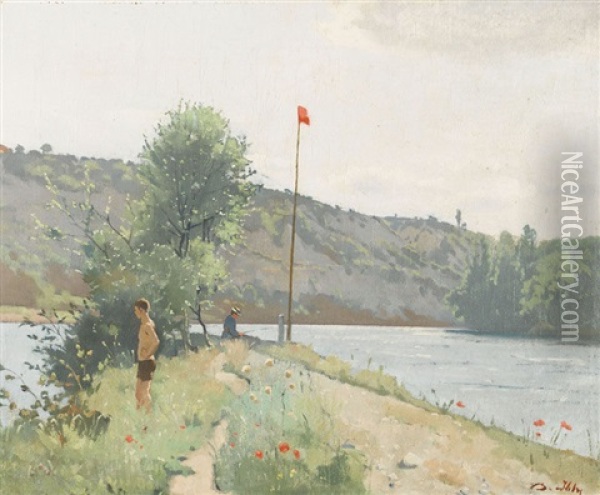Sommerliche Uferpartie Mit Badendem Und Anglerin Oil Painting - Jean Daniel Ihly