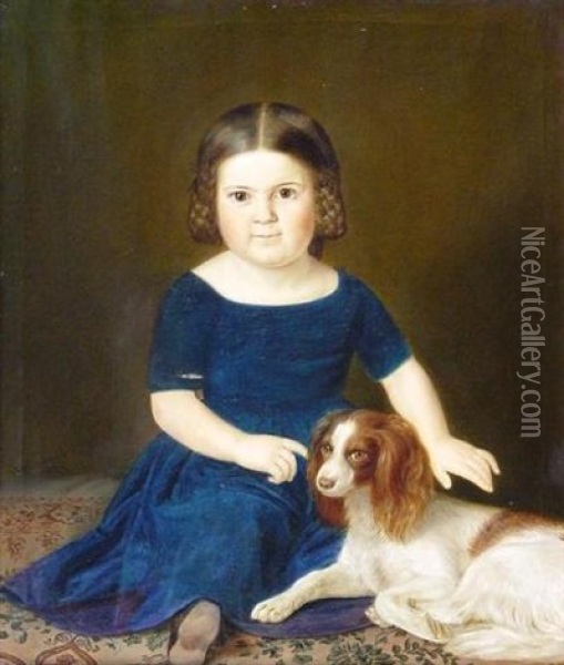 Portrat Der Jungsten Tochter Der Familie P. Heinen In Einem Blauen Kleid, Ein Schoshundchen Streichelnd Oil Painting - Alois Venth