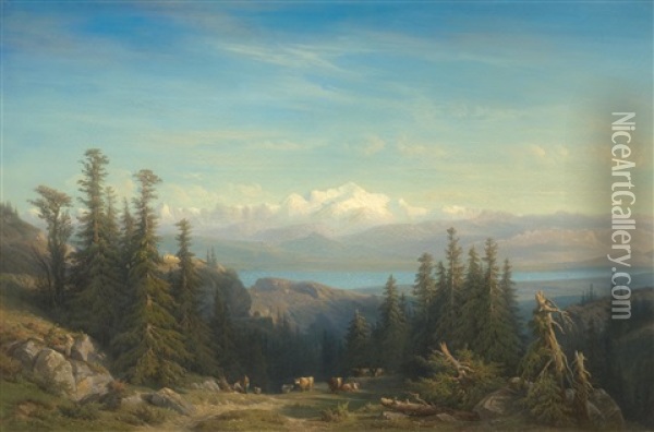 Vue Sur Le Mont Blanc Avec Le Lac Leman Au Premier Plan Oil Painting - Francois Diday