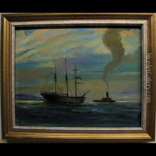 Tugboat Towing Ship Oil Painting - Charles Paul Gruppe