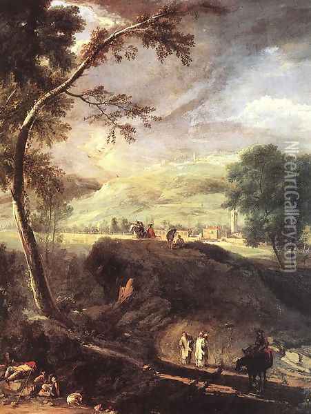 Landscape with River and Figures (detail) c. 1720 Oil Painting - Marco Ricci