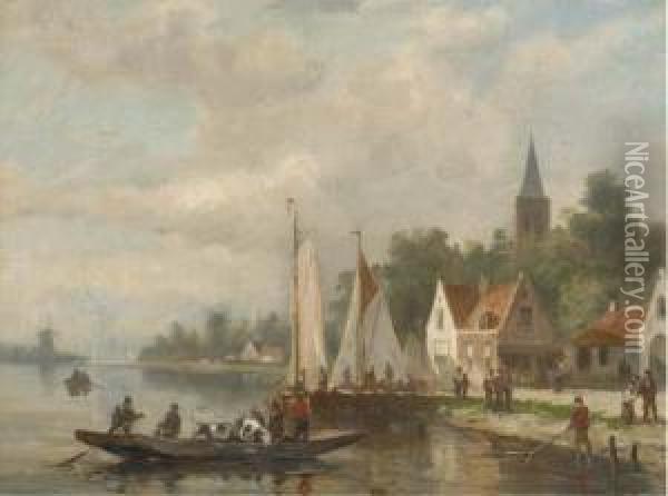 A Cattle Ferry On A River By A Village Oil Painting - Johannes Frederik Hulk, Snr.