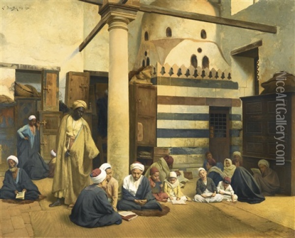 In The Madrasa Oil Painting - Ludwig Deutsch