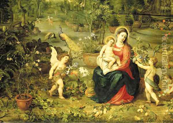 The Madonna and Child seated in a garden with putti, birds and animals Oil Painting - Jan Brueghel the Younger
